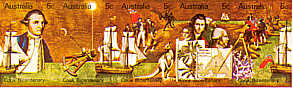 Strip of five 5cent stamps  to celebrate the discovery of the east coast of Australia by Captain James Cook in 1770