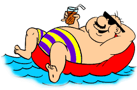 Hello - clip art of a man drinking beer lthrough a straw, lying on a rubber tube in water