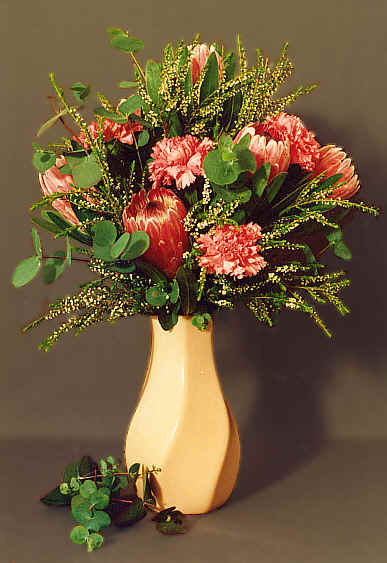 Protea, gumleaves and carnations